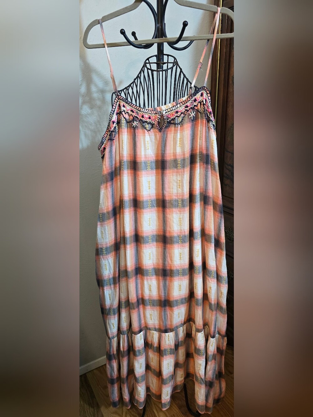 Lucky Brand Peach Plaid Maxi Dress with Embroidered Neckline SZ XXL